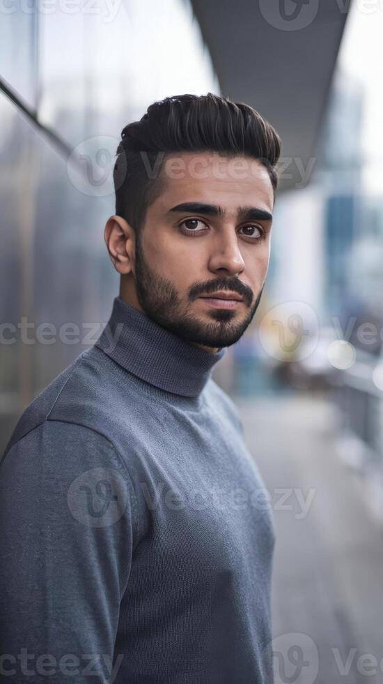 A man in a turtle neck sweater standing in front of a building photo