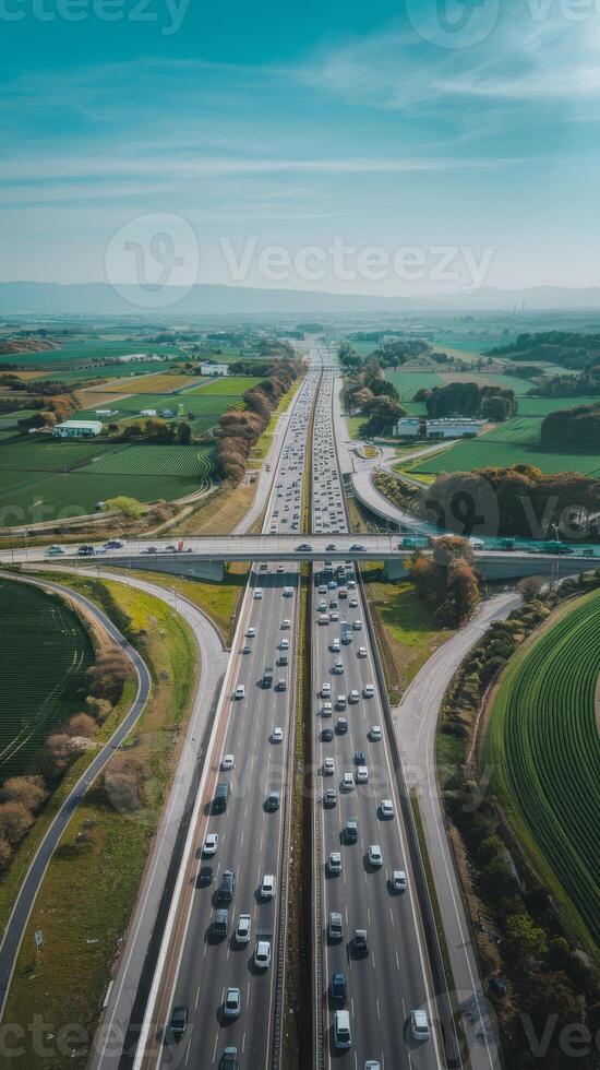 Aerial view of highway with cars driving on it photo