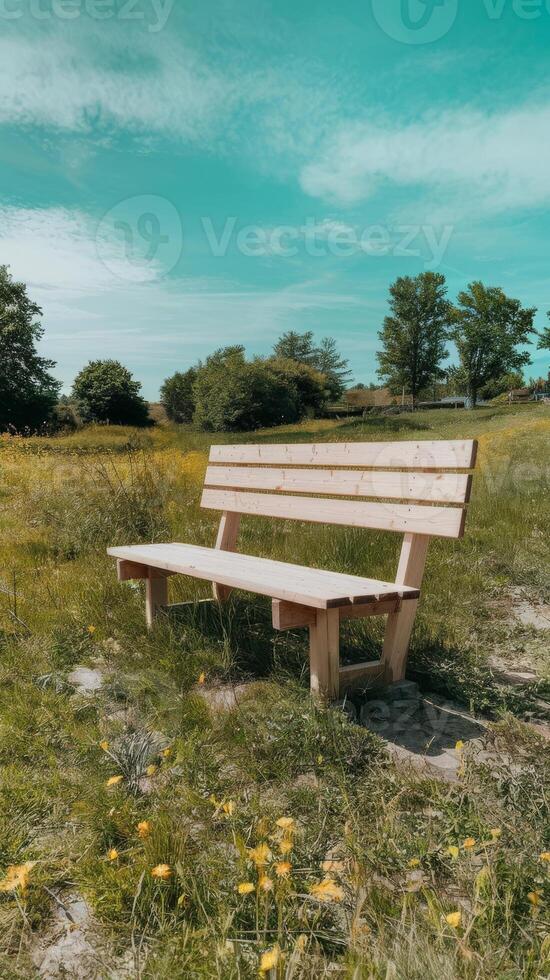 A bench sitting in a field photo