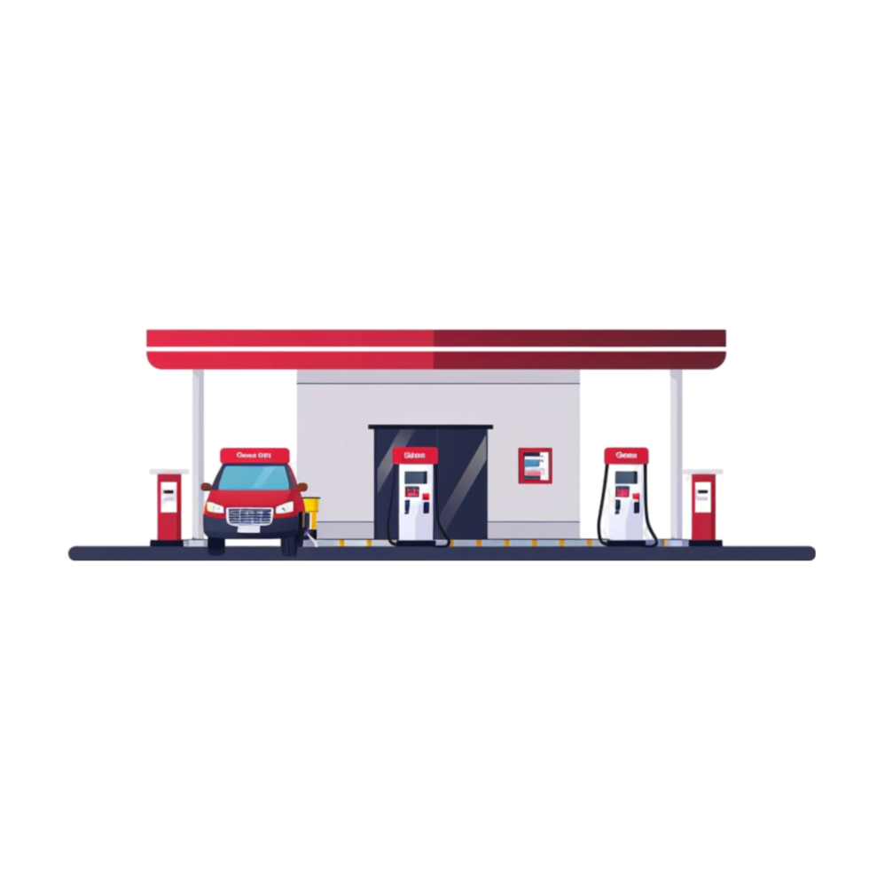 Contemporary Gas Station with Fuel Pumps and Car png