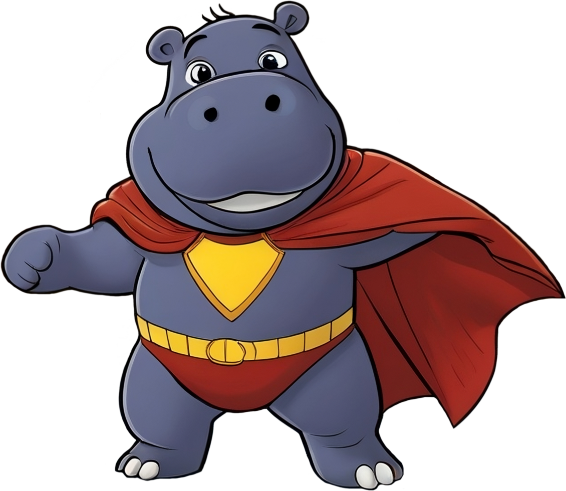 hippopotamus in super hero theme, hippo cartoon png