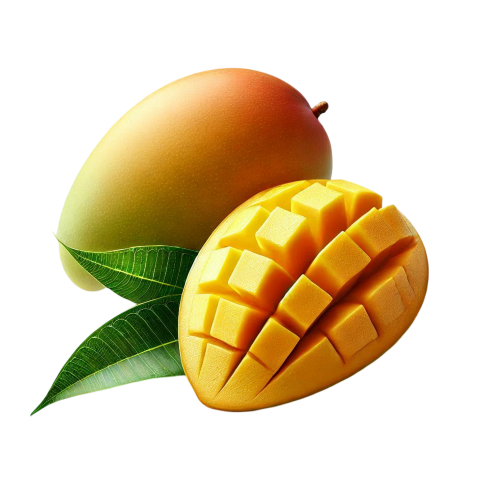 Whole Mango and Diced Sections with Green Leaves png