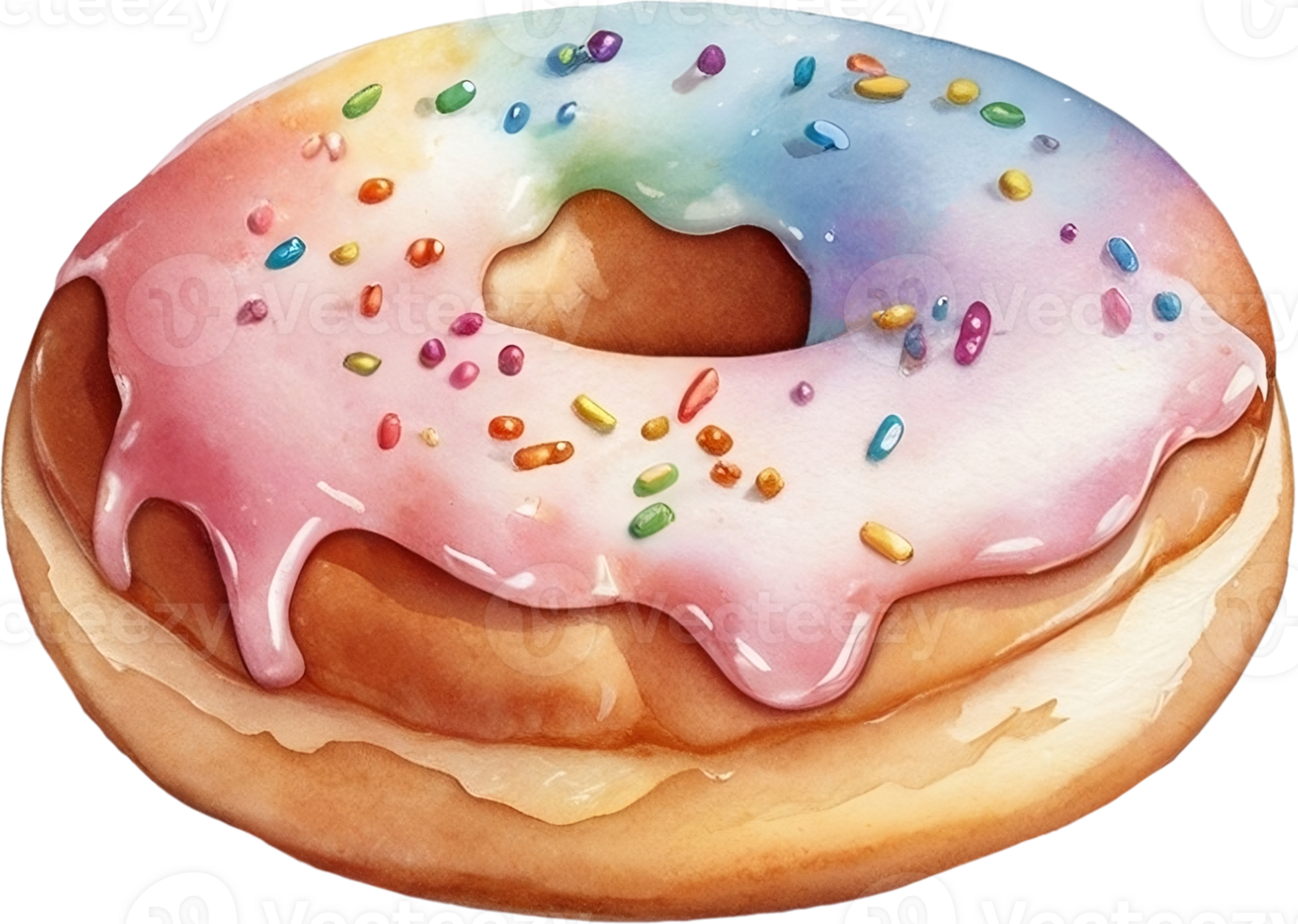 A donut with rainbow glaze and sugar flake drawing by watercolor. png