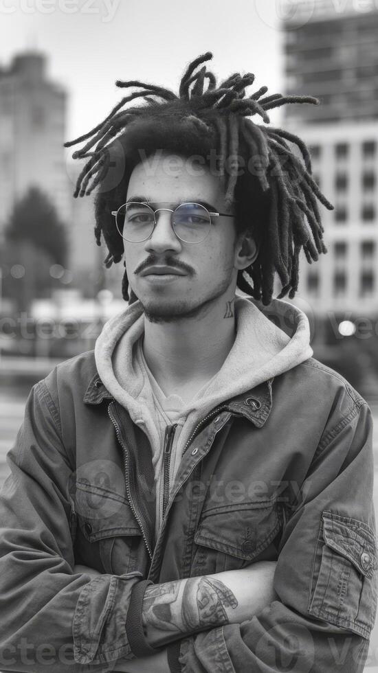 A man with dreadlocks and glasses standing in front of a city photo