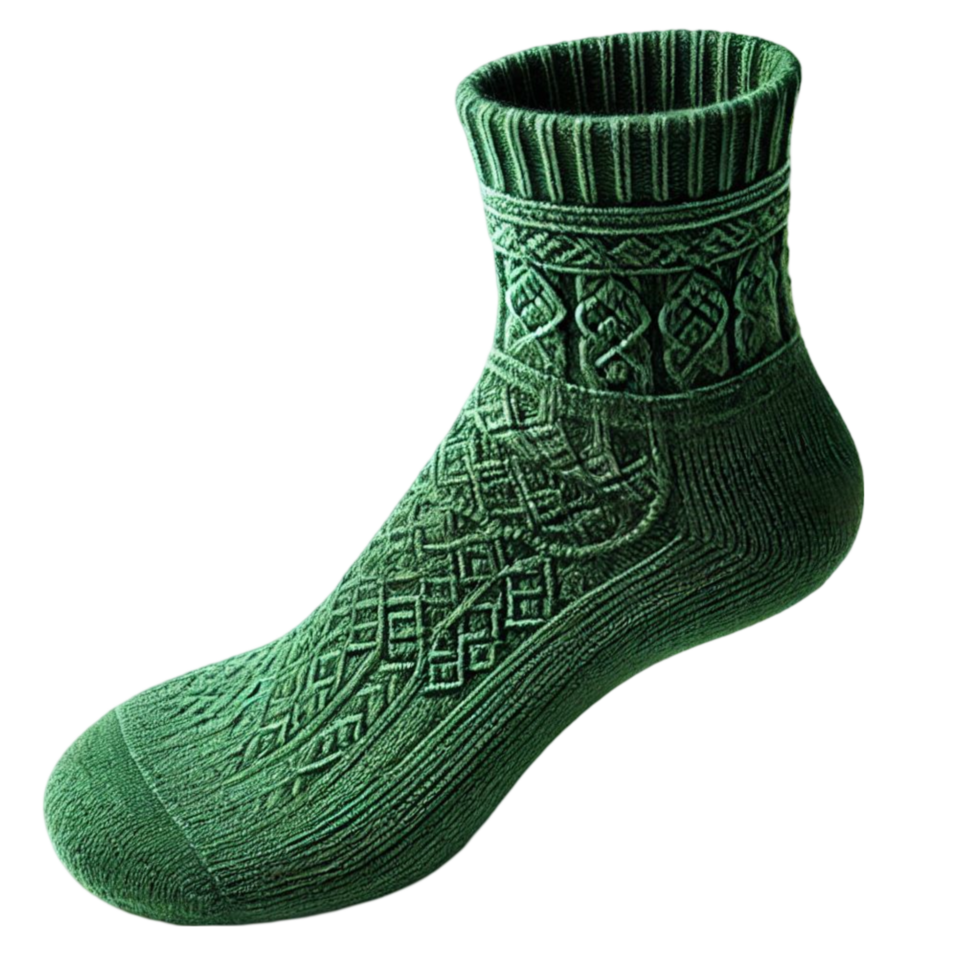 Ribbed Cuff Green Ankle Sock with Pattern png