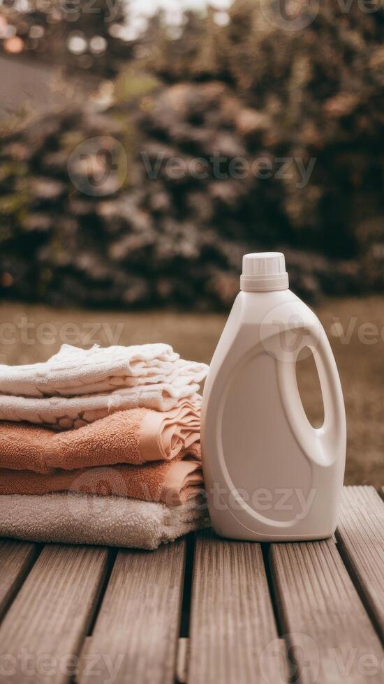 A bottle of laundry detergent and a towel on a wooden table photo