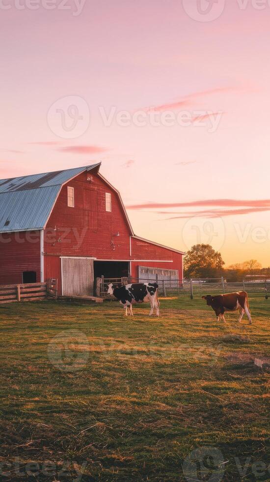 A red barn with cows grazing in front of it photo