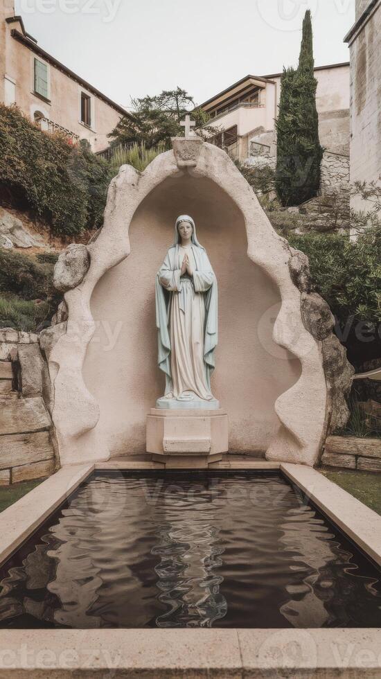 A statue of mary in a small pond in front of a building photo