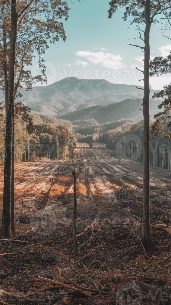 A forest with trees and mountains in the background photo