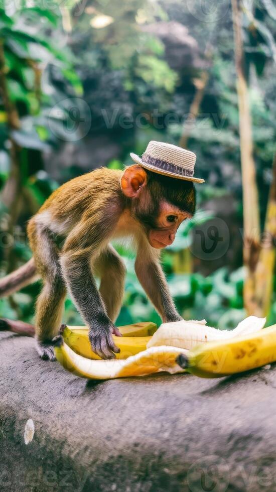 A monkey wearing a hat and eating bananas photo