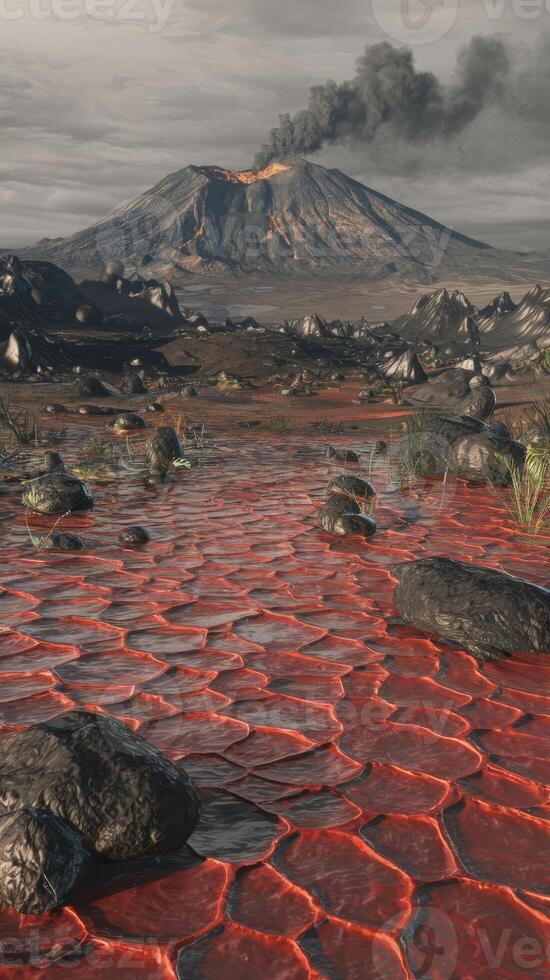 A volcano with red lava and rocks in the middle of the desert photo