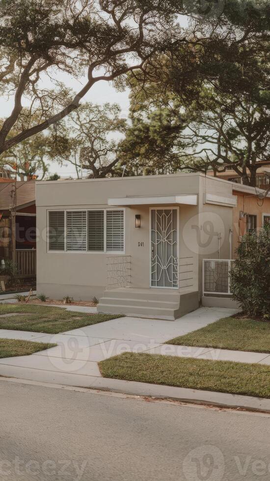 A small house with a white front door photo