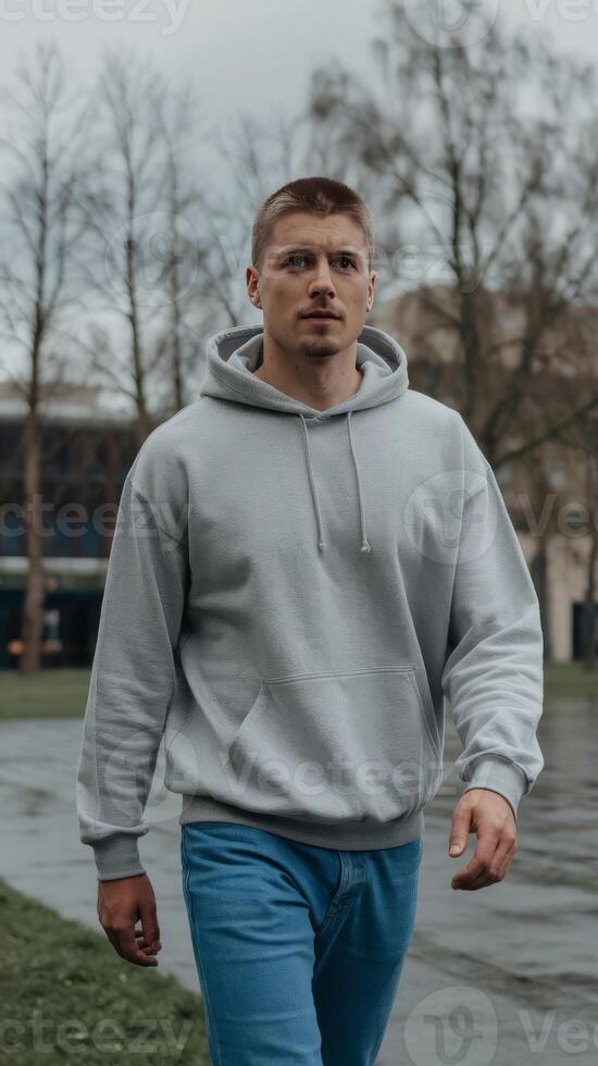 Man in grey sweatshirt walking on wet grass photo