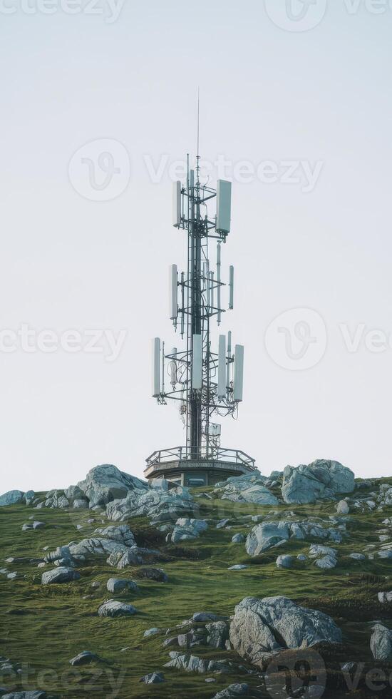 A cell phone tower on top of a hill photo
