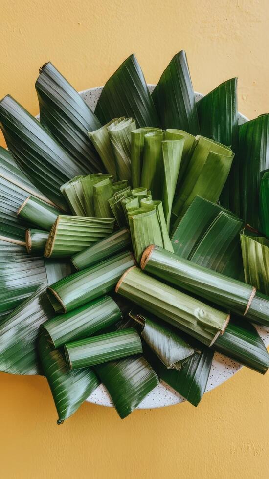 Banana leaves in white plate on yellow background photo