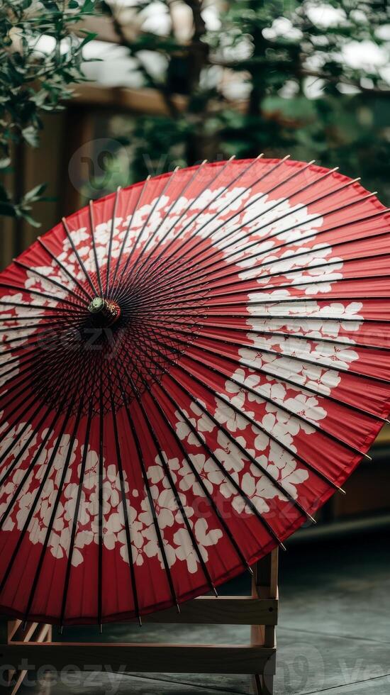 An open red umbrella with white flowers photo