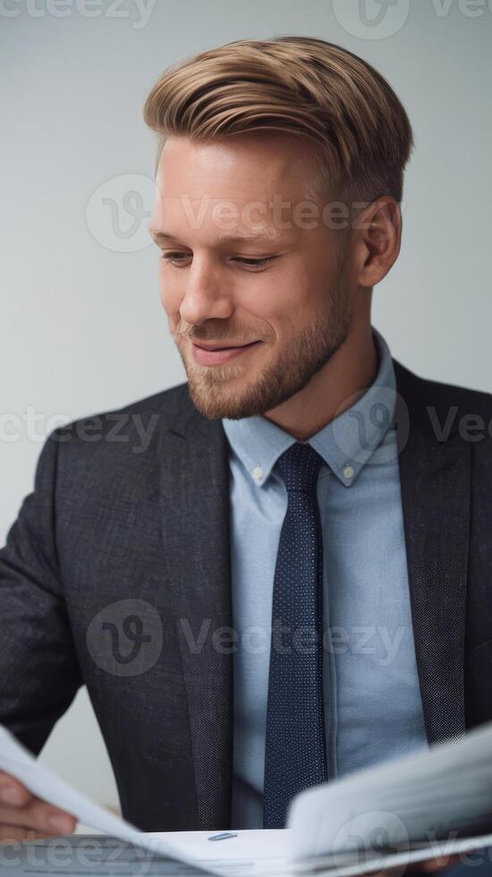 A man in a suit is reading a document photo