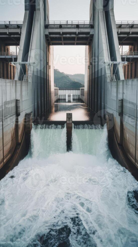 A large dam with water flowing over it photo