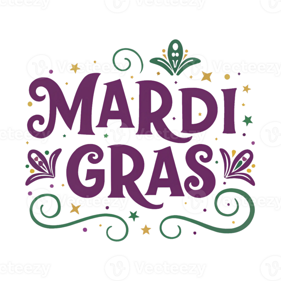 Elegant Mardi Gras Typography with Festive Decorative Elements in Purple and Gold png