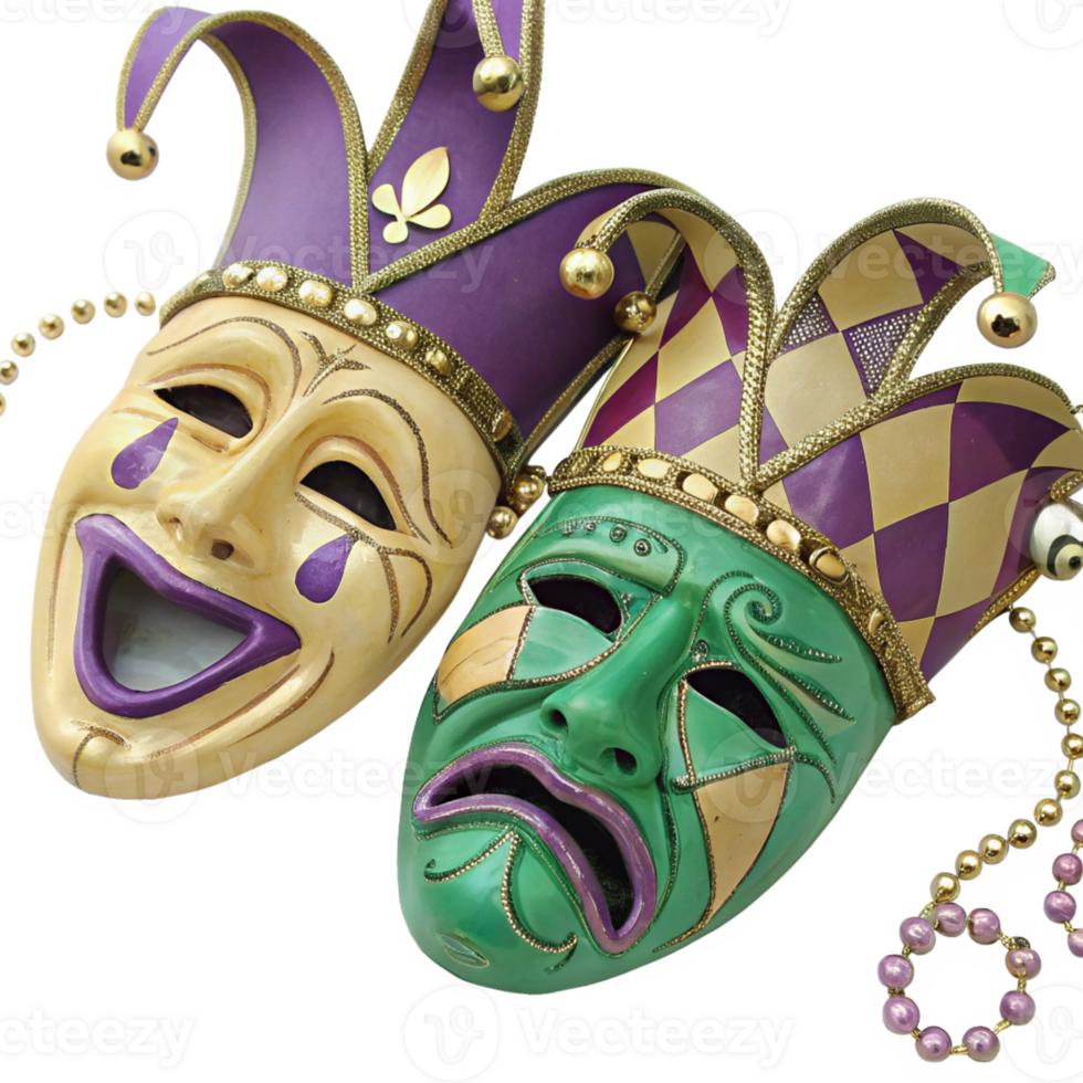 Colorful Mardi Gras Comedy and Tragedy Jester Masks with Beaded Decorations on Transparent Background png