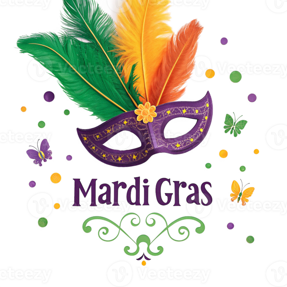Colorful Mardi Gras Festival Artwork with Decorative Mask, Feathers, and Party Symbols png