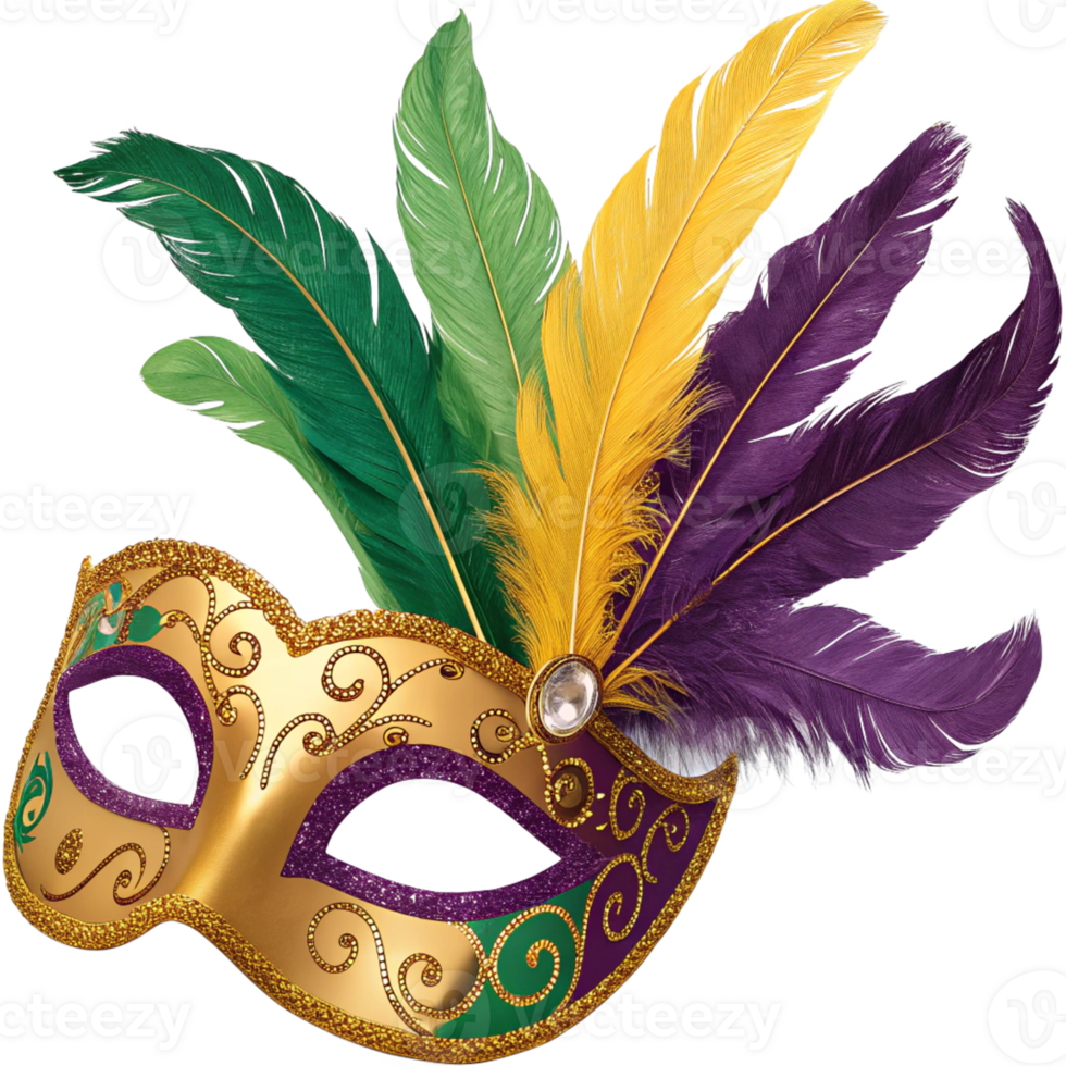 Elegant Mardi Gras Masquerade Mask with Gold Details and Colorful Feathers for Carnival Celebrations png