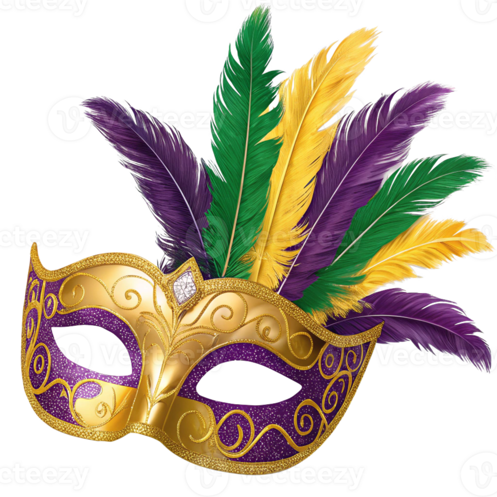 Luxurious Feathered Masquerade Party Mask with Gold, Green, and Purple Design for Festive Events png