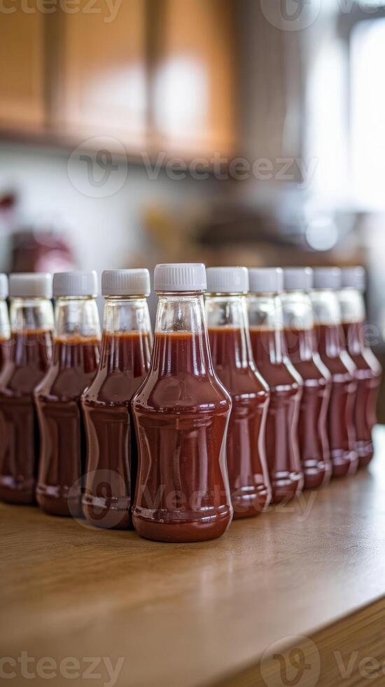 A row of bottles of ketchup on a table photo