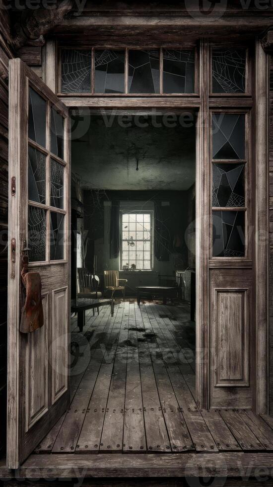 The door to a room with a window and a chair photo