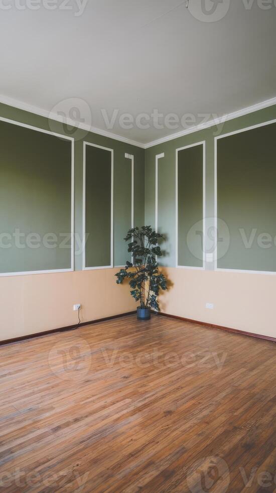 Empty room with green walls and wooden floors photo