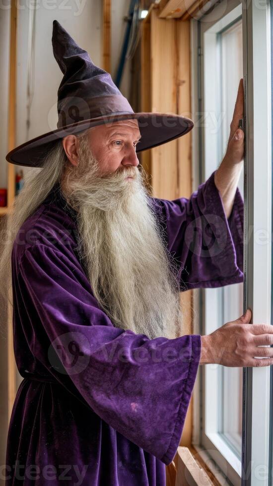 A wizard in a purple robe looking out a window photo