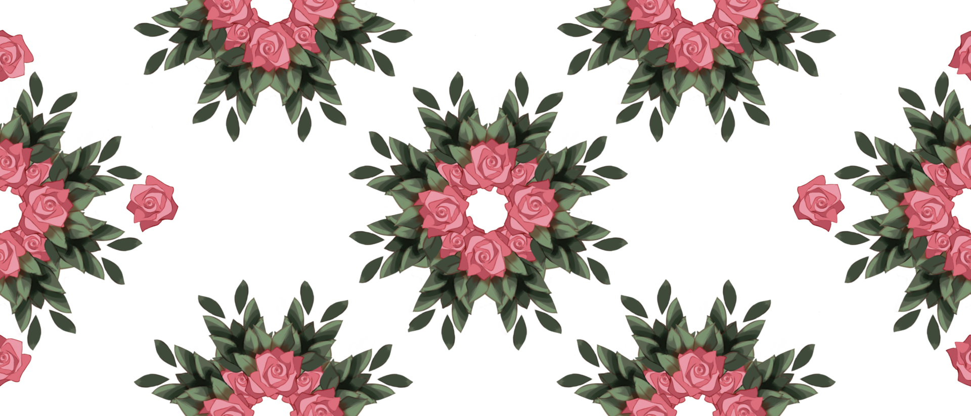 seamless floral pattern with symmetrical pink roses and lush green leaves arranged in a geometric style fit for fabric print, wallpaper, gift wrapping, home decor png