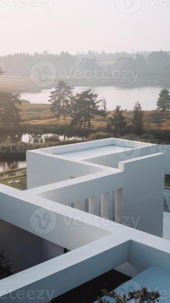A white building with a lake in the background photo