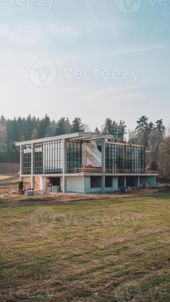 A large building under construction in a field photo