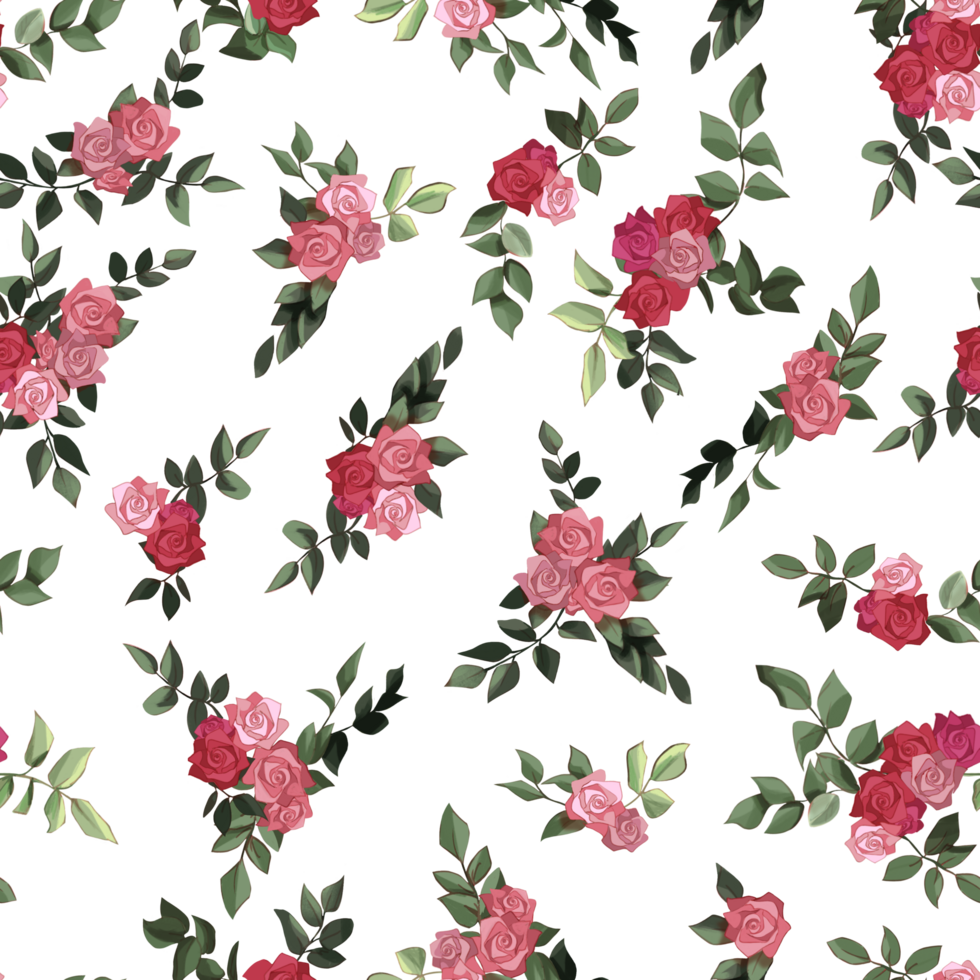 seamless floral pattern with pink and red roses with green leaves Perfect for textile design, wallpaper, wrapping paper, fashion prints, and digital backgrounds png