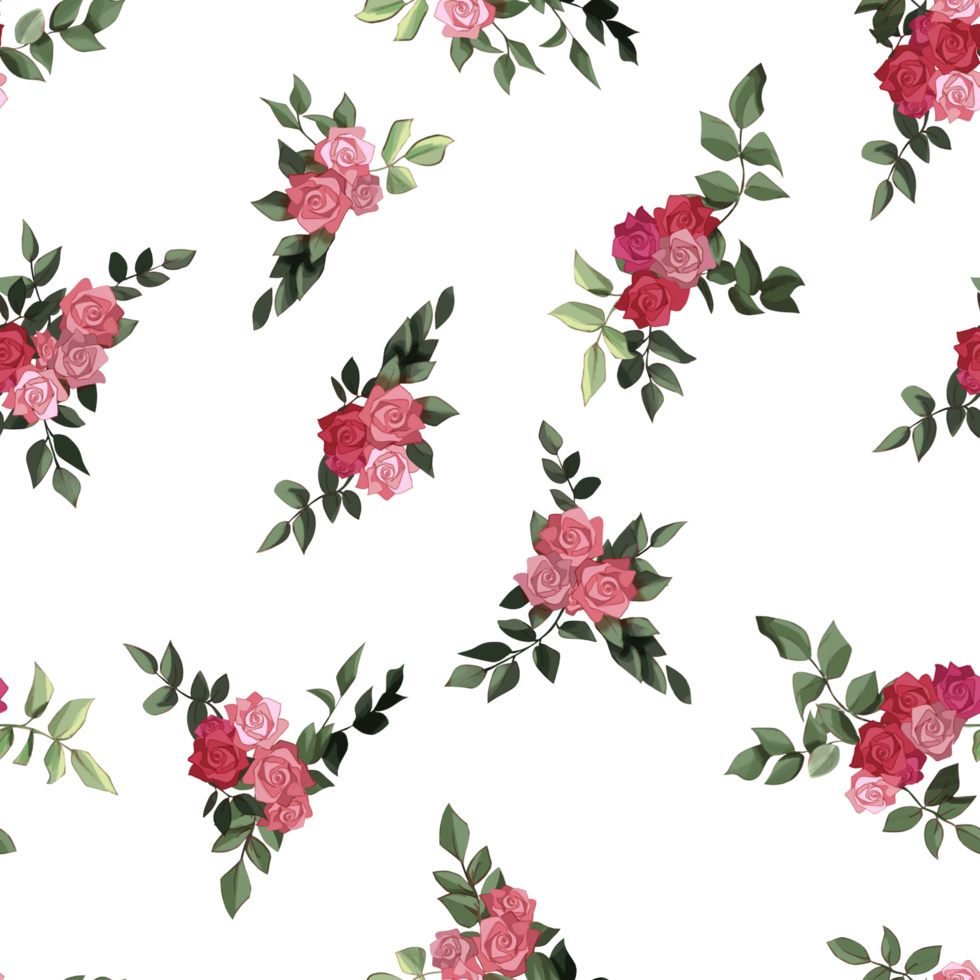 seamless floral pattern with pink and red roses with green leaves , Perfect for textile design, wallpaper, wrapping paper, fashion prints, and digital backgrounds png