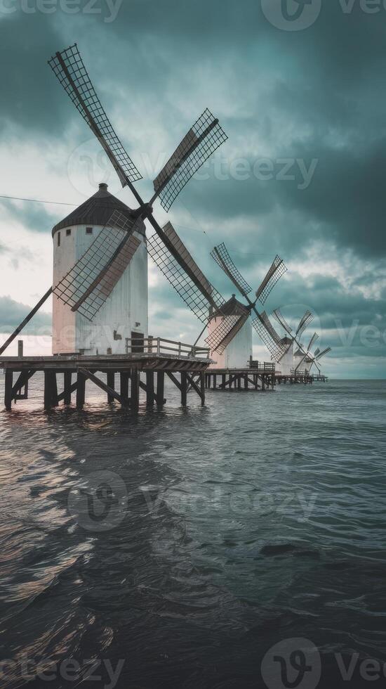 Three windmills in the ocean with cloudy skies photo