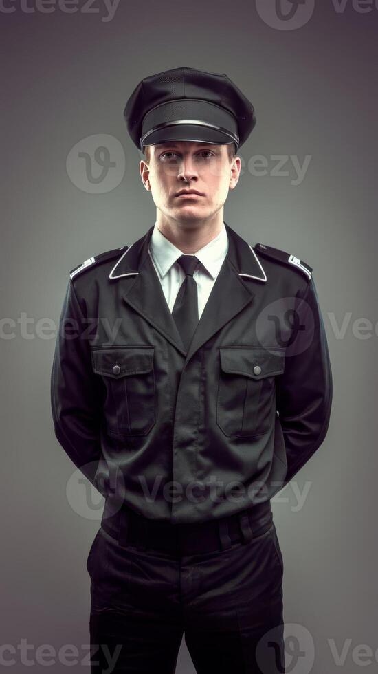 A man in a uniform standing with his hands on his hips photo