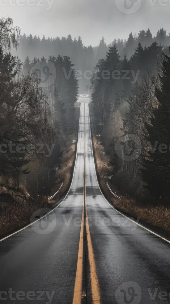An empty road in the middle of a forest photo