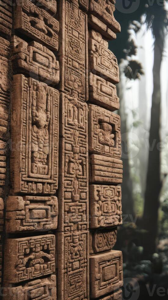 Ancient carvings are displayed in a forest photo