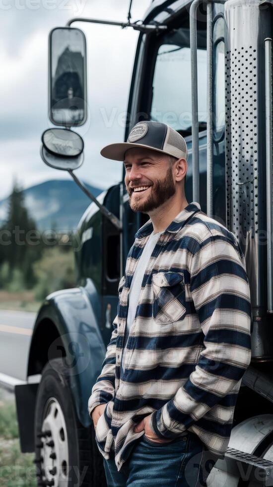 A man in a plaid shirt and hat standing next to a semi truck photo
