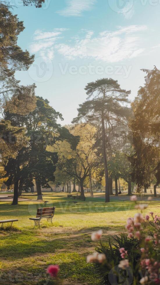 A park with a bench and trees photo
