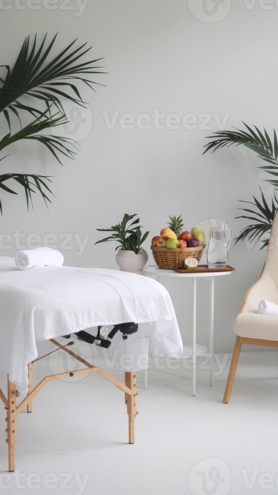 A white massage table with a chair and a table photo