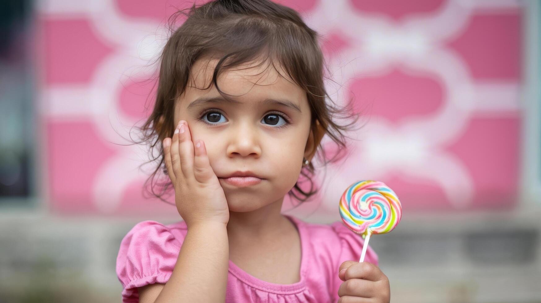 A little girl holding a lollipop in front of a pink wall photo