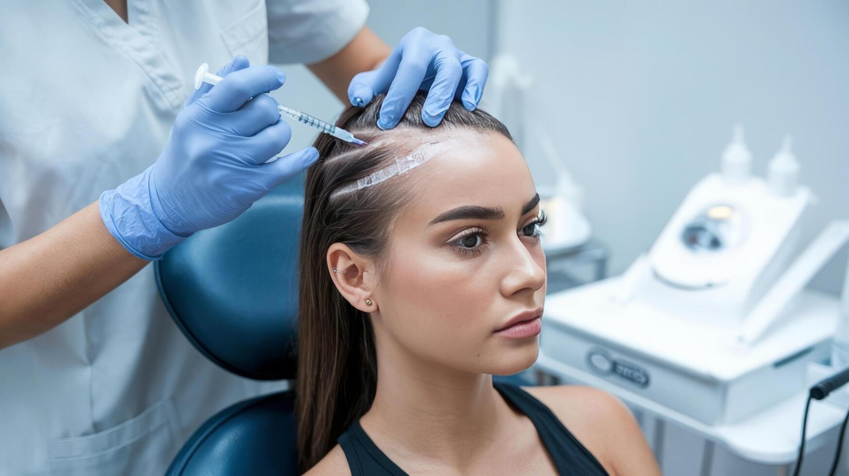 A woman getting her hair done by a doctor photo