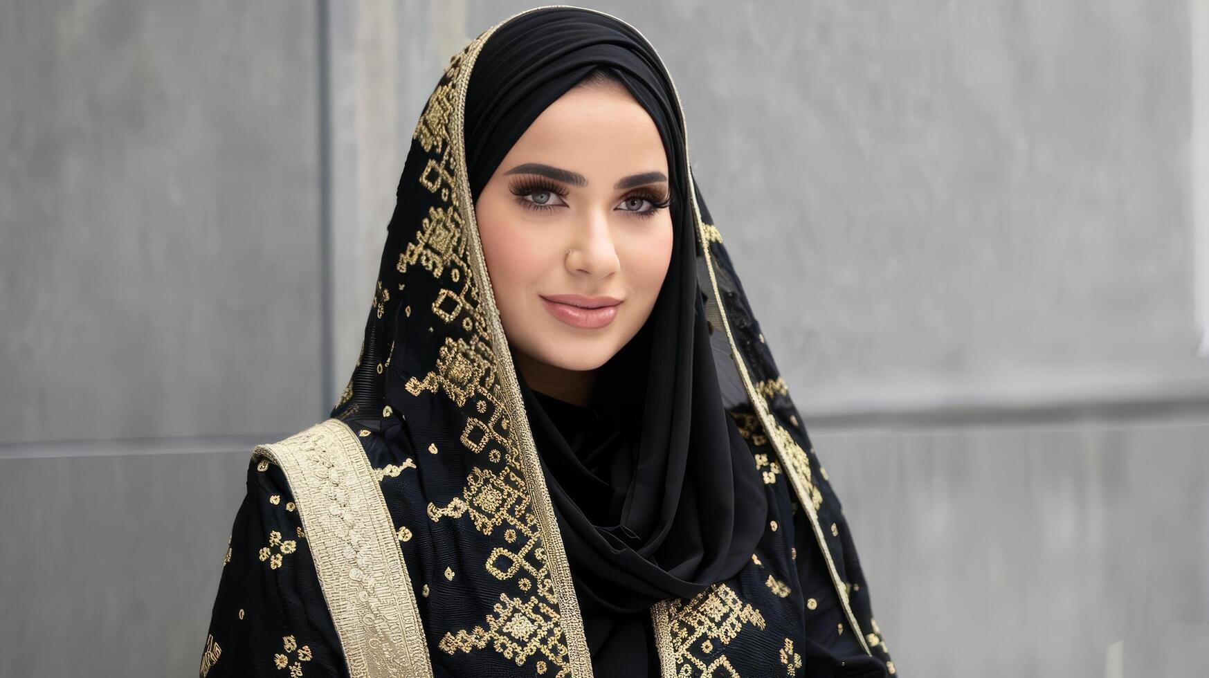 A woman wearing a black and gold headscarf photo