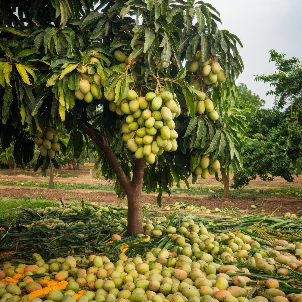 Mangoes on the ground in an orchard photo