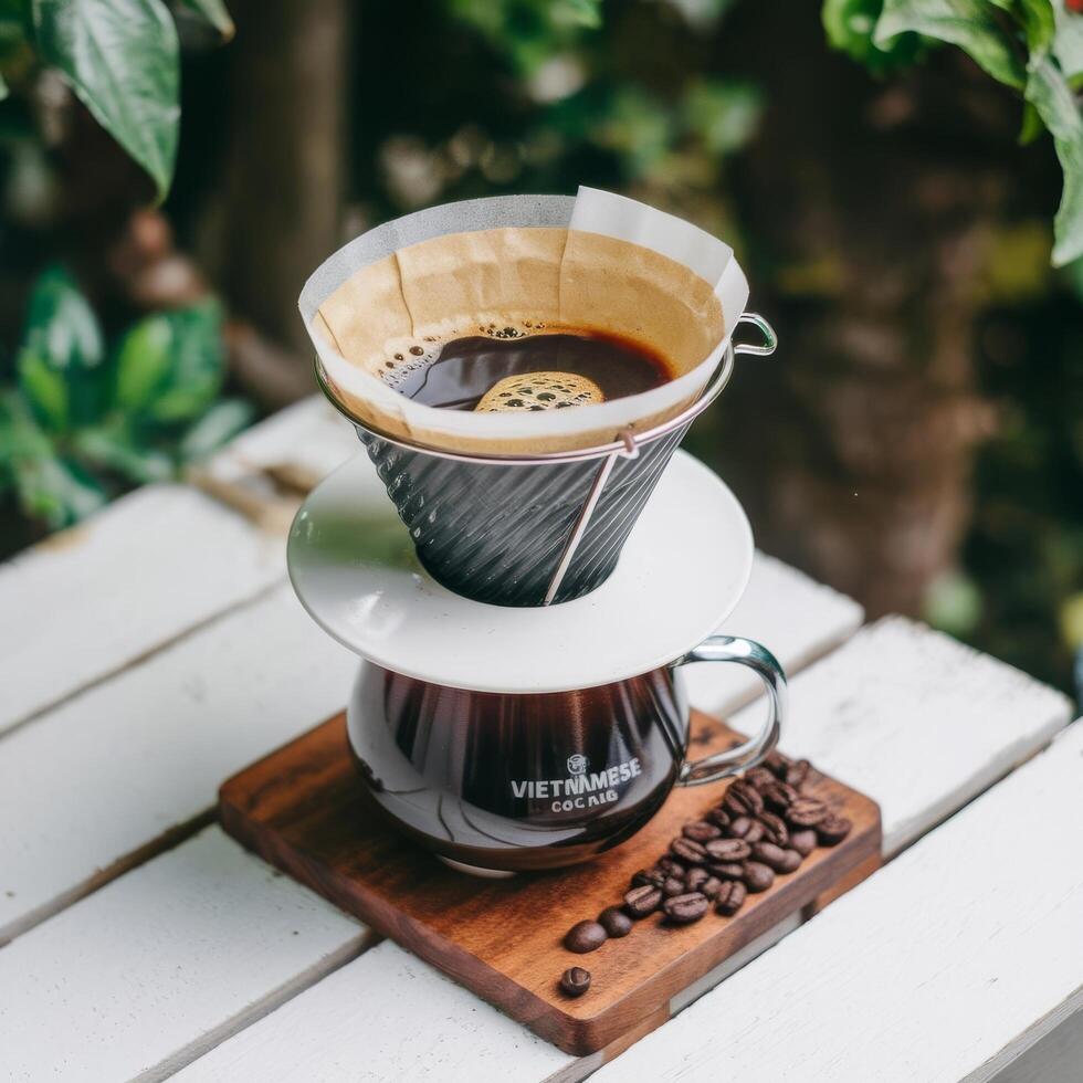Coffee filter on a wooden table photo