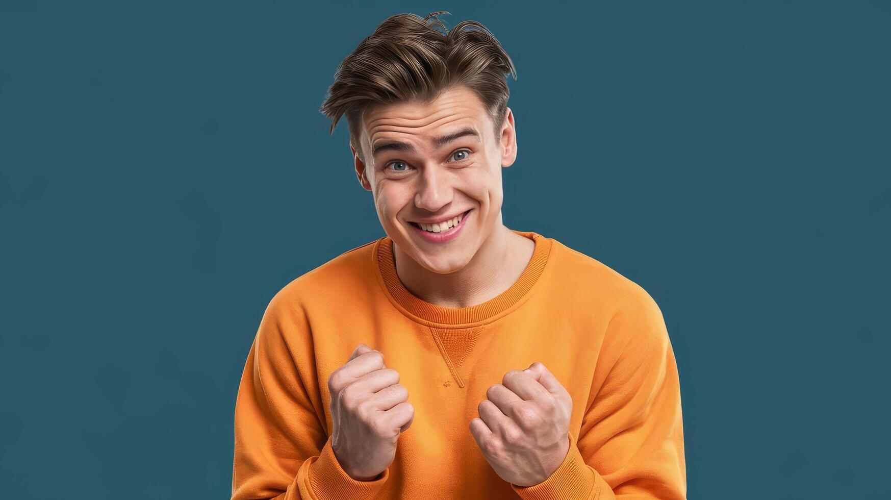 A man in an orange sweatshirt is smiling photo