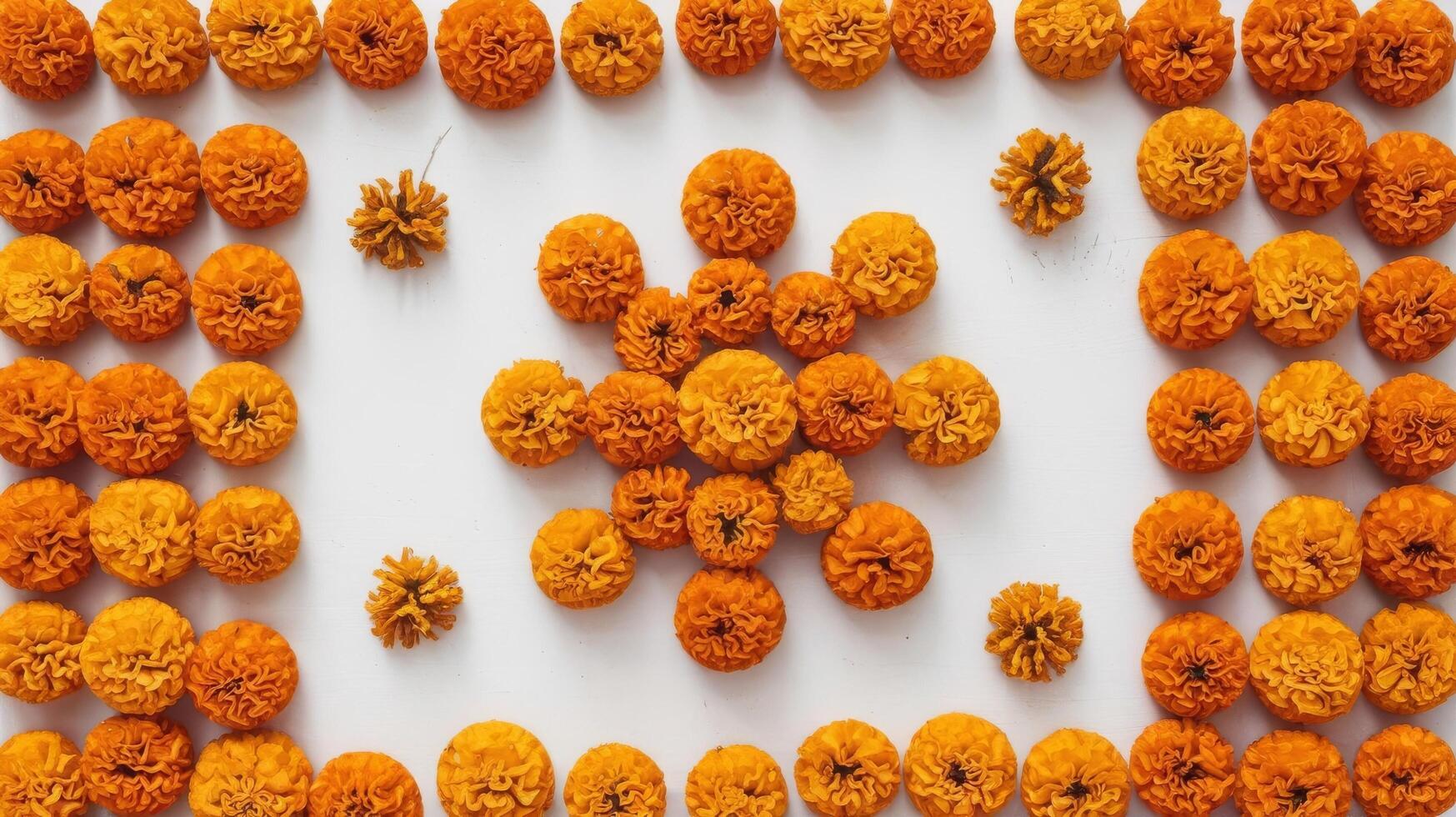 Marigold flowers pattern on white background holiday decoration orange marigolds flat lay photo